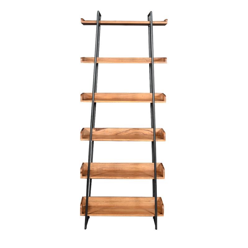 6 Tier Wooden Ladder Storage Bookshelf with Metal Frame in Brown and Black