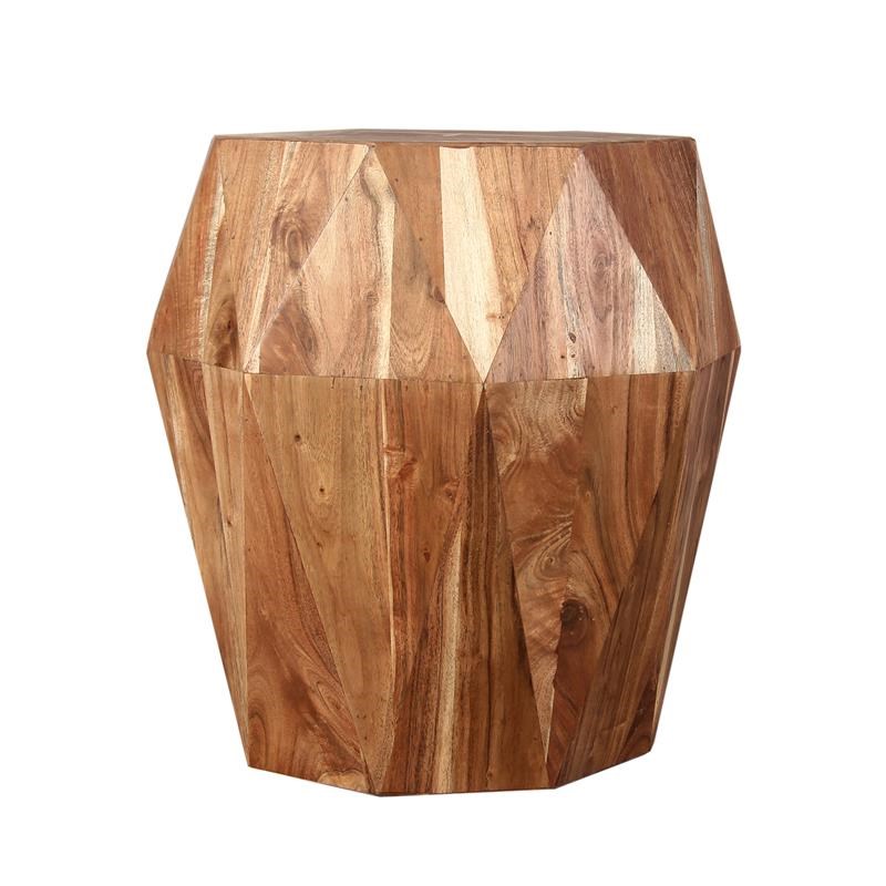Artisanal End Side Table-Multifaceted Solid Acacia Wood-Octagon-Natural Brown