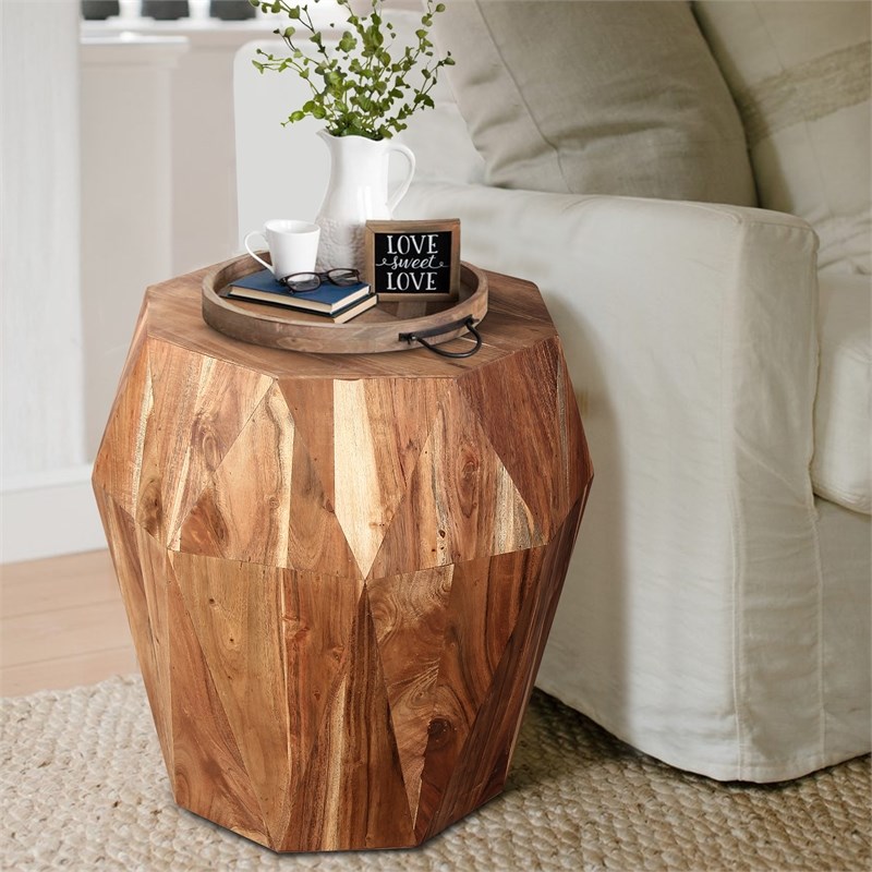 Artisanal End Side Table-Multifaceted Solid Acacia Wood-Octagon-Natural Brown