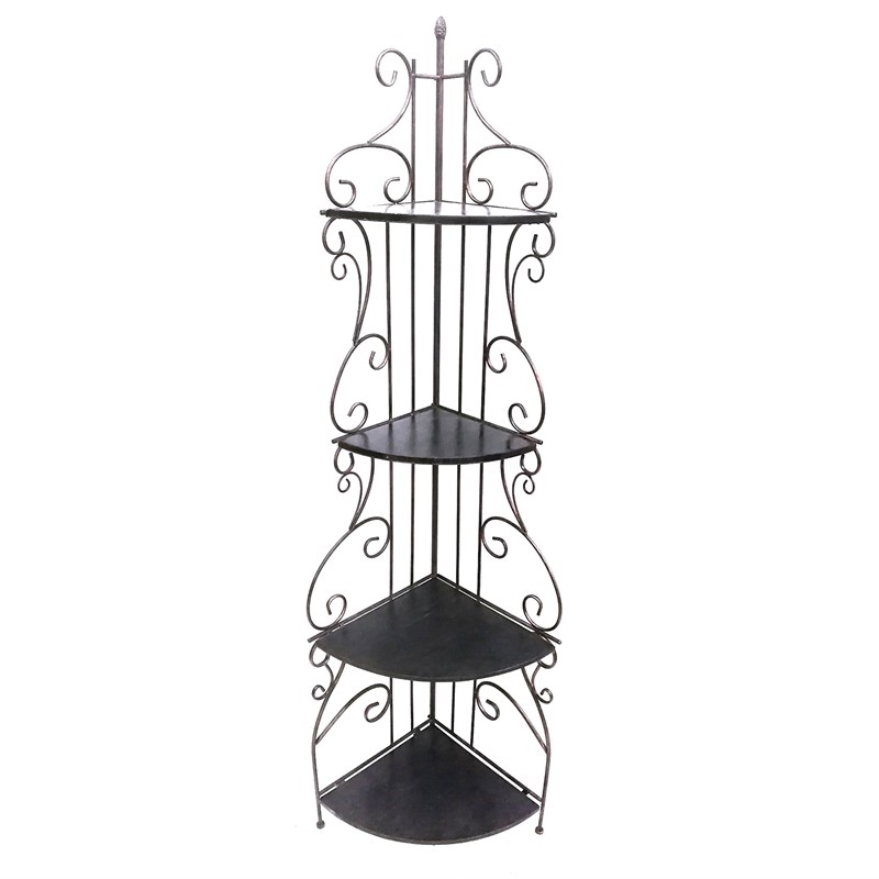 Scrollwork Design Metal Corner Bookcase with 4 Shelves in Brown and Copper
