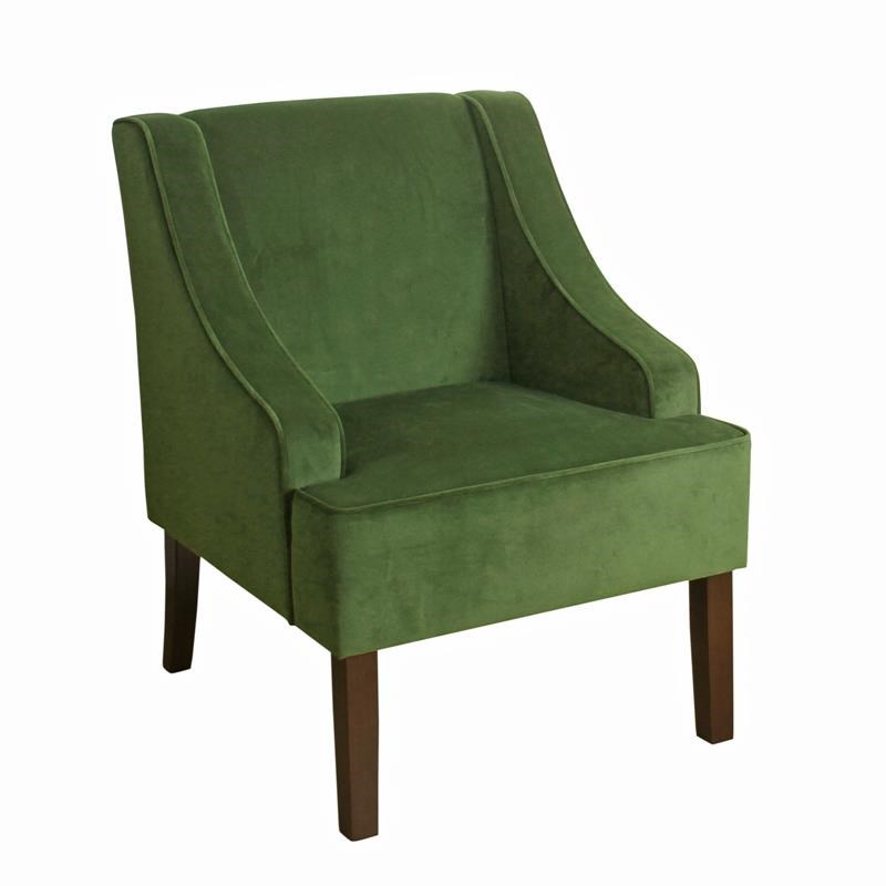 Fabric Upholstered Wooden Accent Chair with Swooping Armrests in Green and Brown