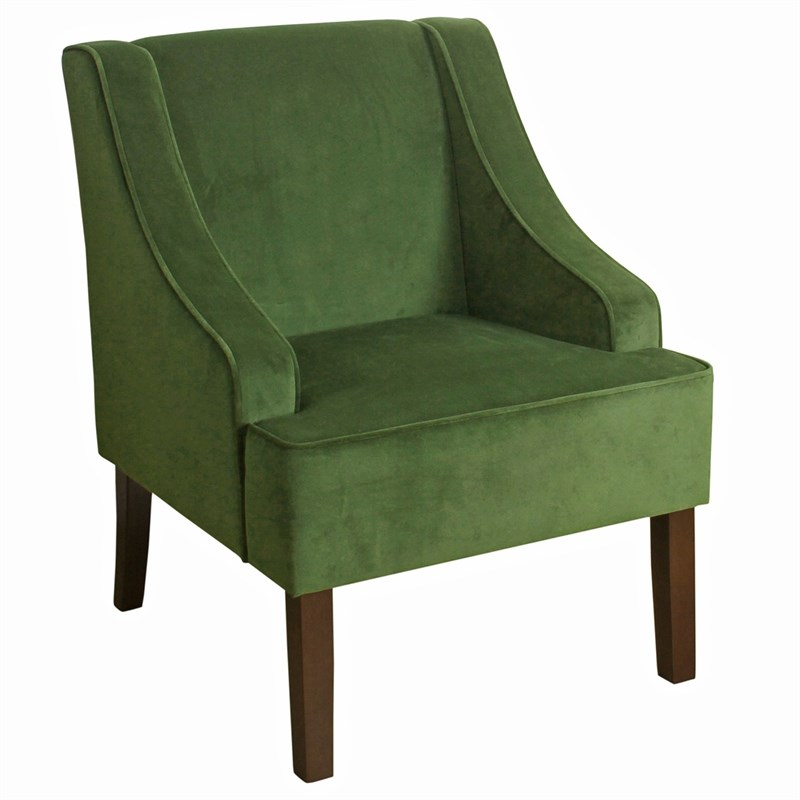 Fabric Upholstered Wooden Accent Chair with Swooping Armrests in Green and Brown