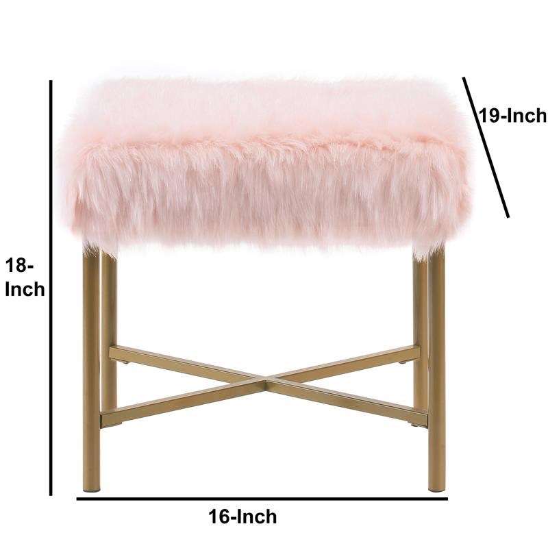 Square Faux Fur Ottoman with Tubular Metal Legs & X Shape Base in Pink & Gold