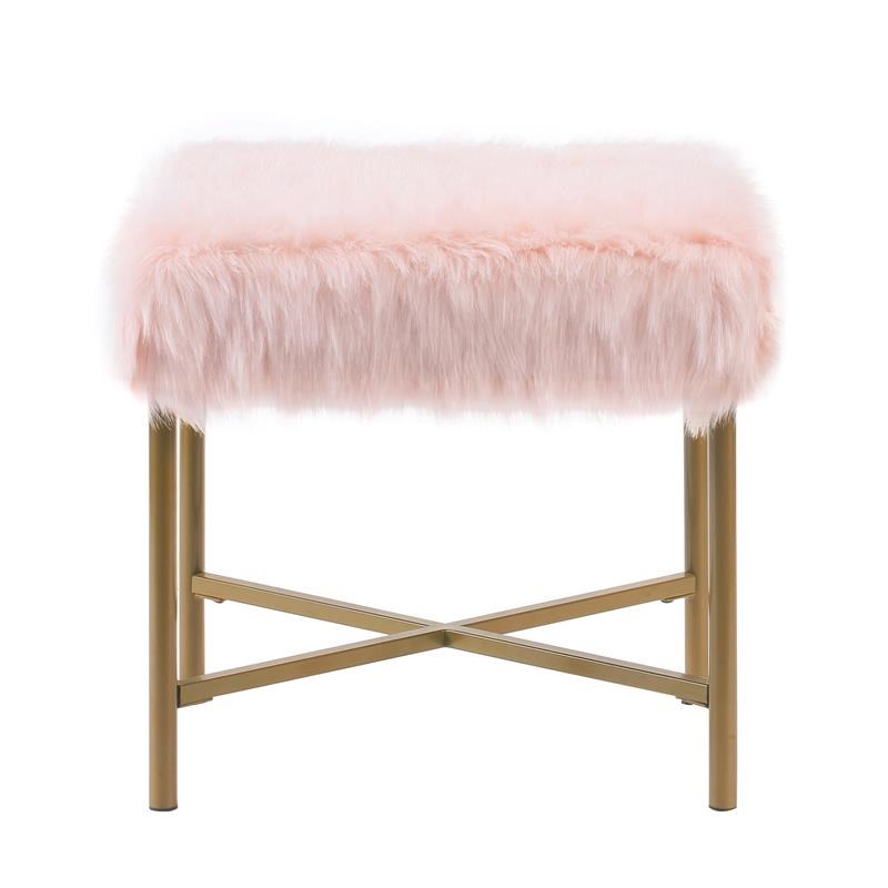 Square Faux Fur Ottoman with Tubular Metal Legs & X Shape Base in Pink & Gold
