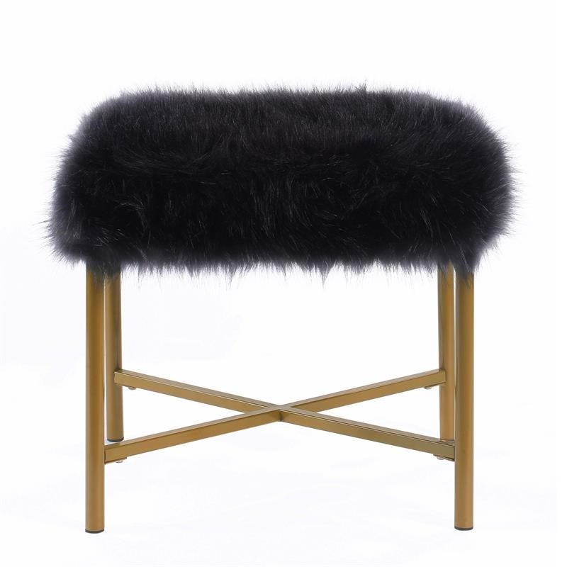 Square Faux Fur Ottoman with Tubular Metal Legs & X Shape Base in Black & Gold
