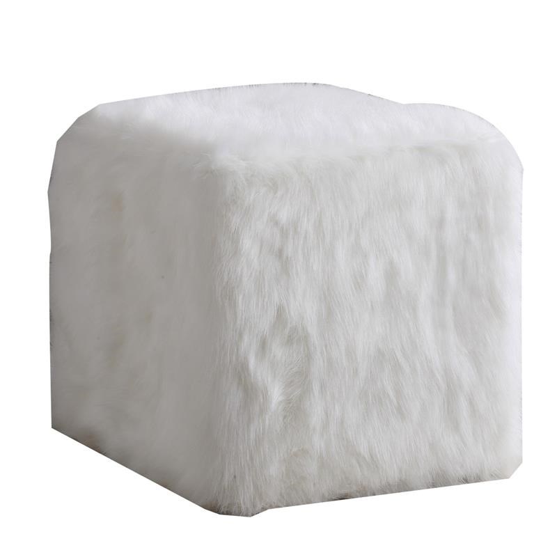 Faux Fur Upholstered Wooden Ottoman in Cube Shape in White