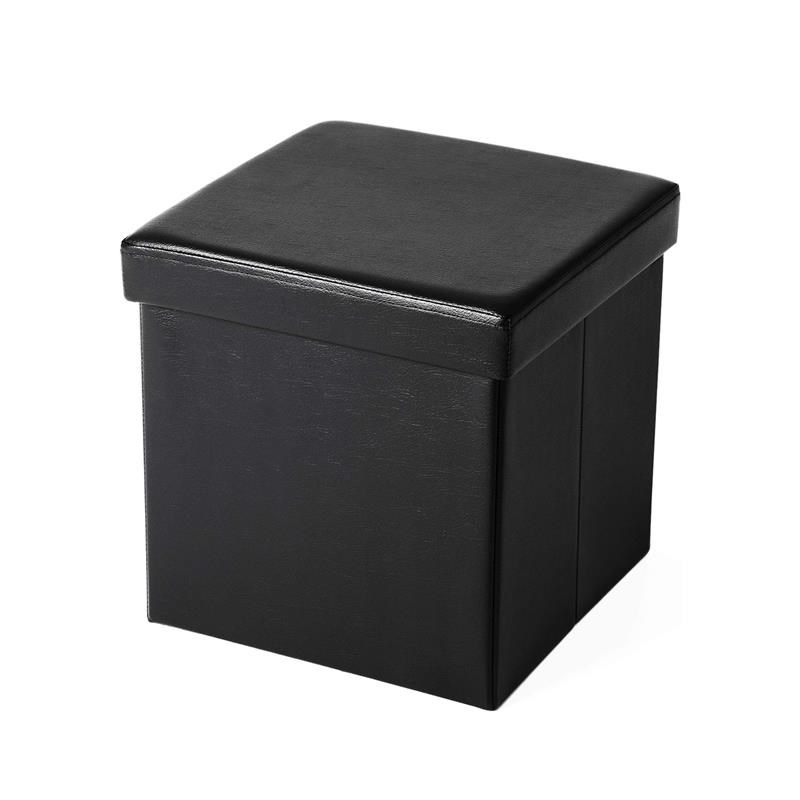 Square Leatherette Foldable Storage Ottoman with Padded Seat in Black