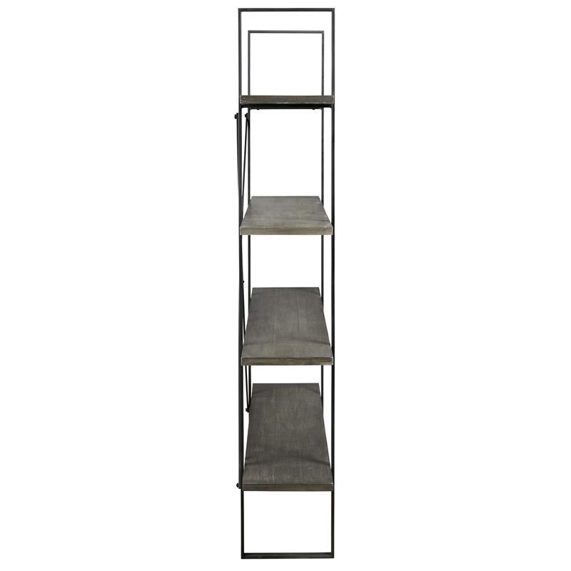 4 Tier Rectangle Metal Frame Bookcase with X Shaped Support in Black and Gray