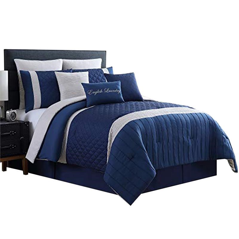 Basel Pleated Queen Comforter SetwithDiamond Pattern The UrbanPort in Blue&White