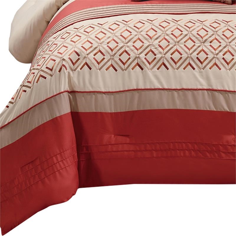 8 Piece Queen Polyester Comforter Set with Geometric Embroidery in Orange