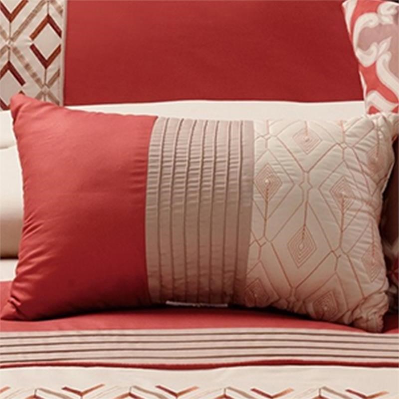 8 Piece Queen Polyester Comforter Set with Geometric Embroidery in Orange