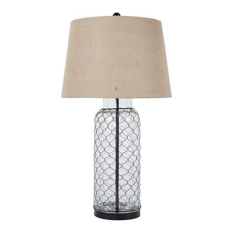 Woven Wire Wrapped Glass Base Table Lamp with Fabric Shade in Beige