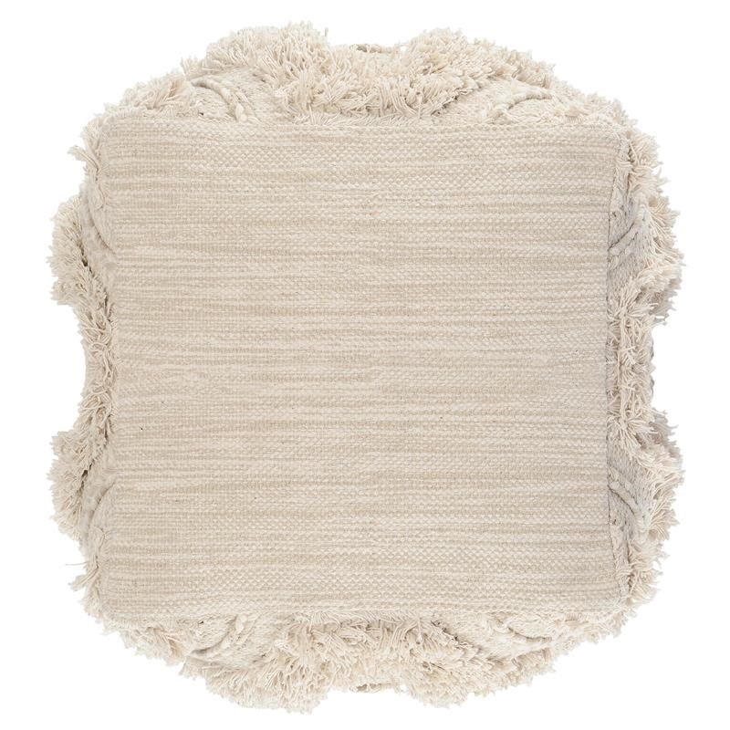 Fabric Pouf Ottoman with Woven Design and Fringe Details in Cream