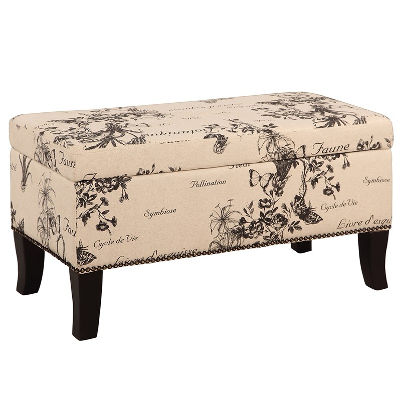 Fabric Upholstered Wooden Ottoman with Botanical Print in Beige and Black