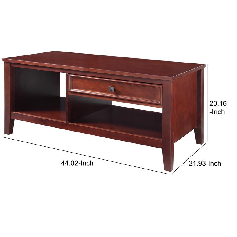 Wooden Coffee Table with Spacious Shelves and Drawer in Brown