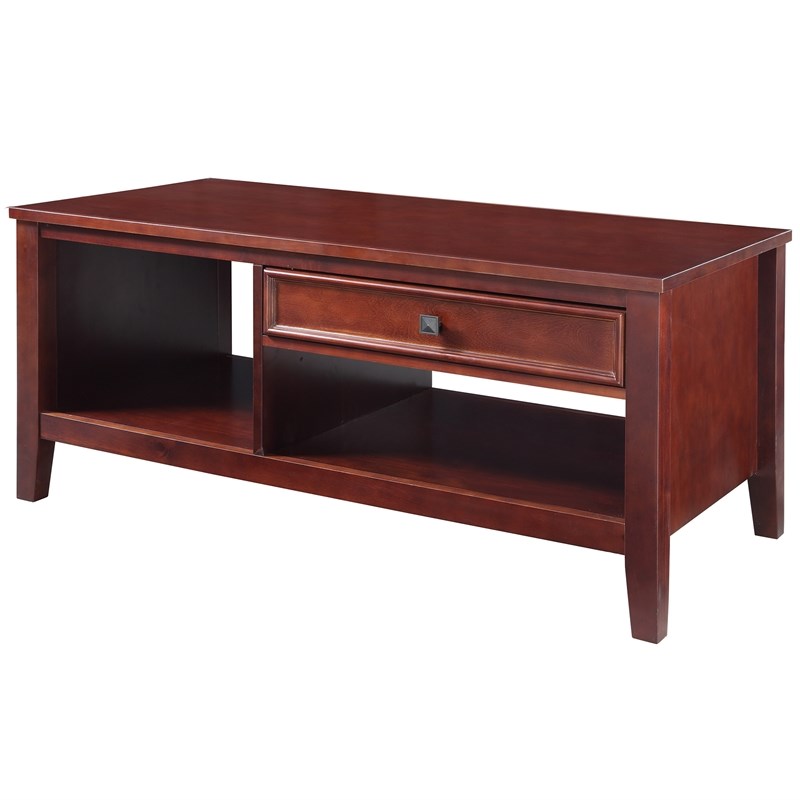 Wooden Coffee Table with Spacious Shelves and Drawer in Brown