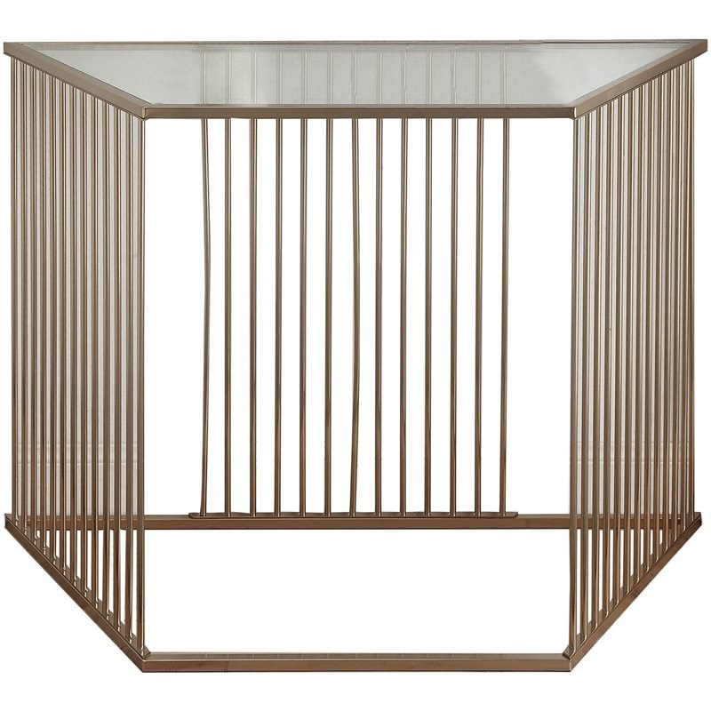 Metal and Glass Sofa Table with Vertical Slat Design in Gold