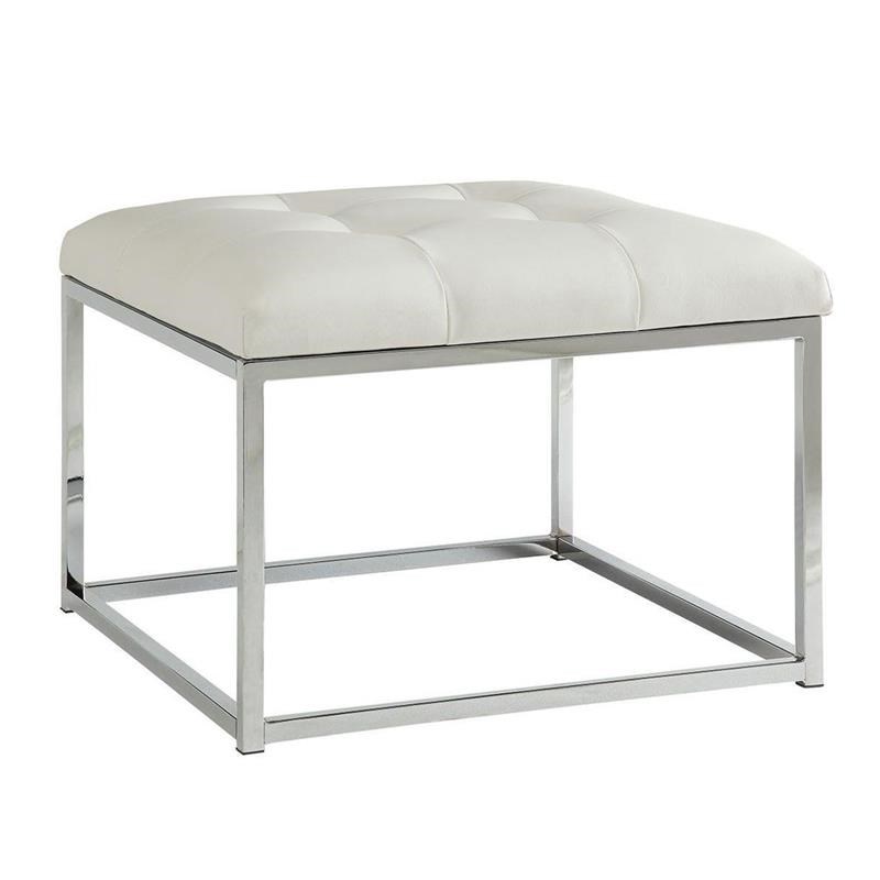Leatherette Metal Frame Ottoman with Tufted Seating in White and Silver