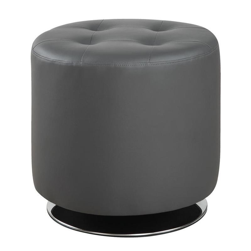 Round Leatherette Swivel Ottoman with Tufted Seat in Gray and Black