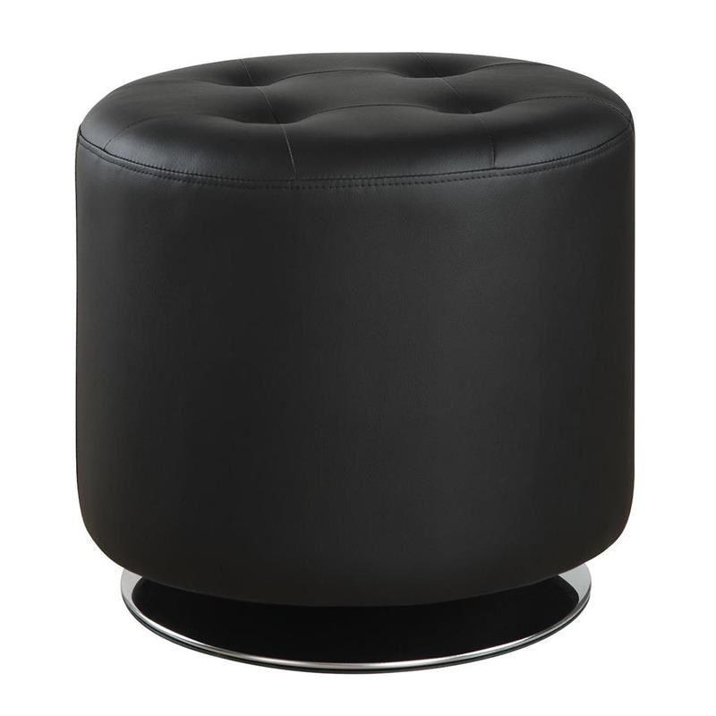 Round Leatherette Swivel Ottoman with Tufted Seat in Black