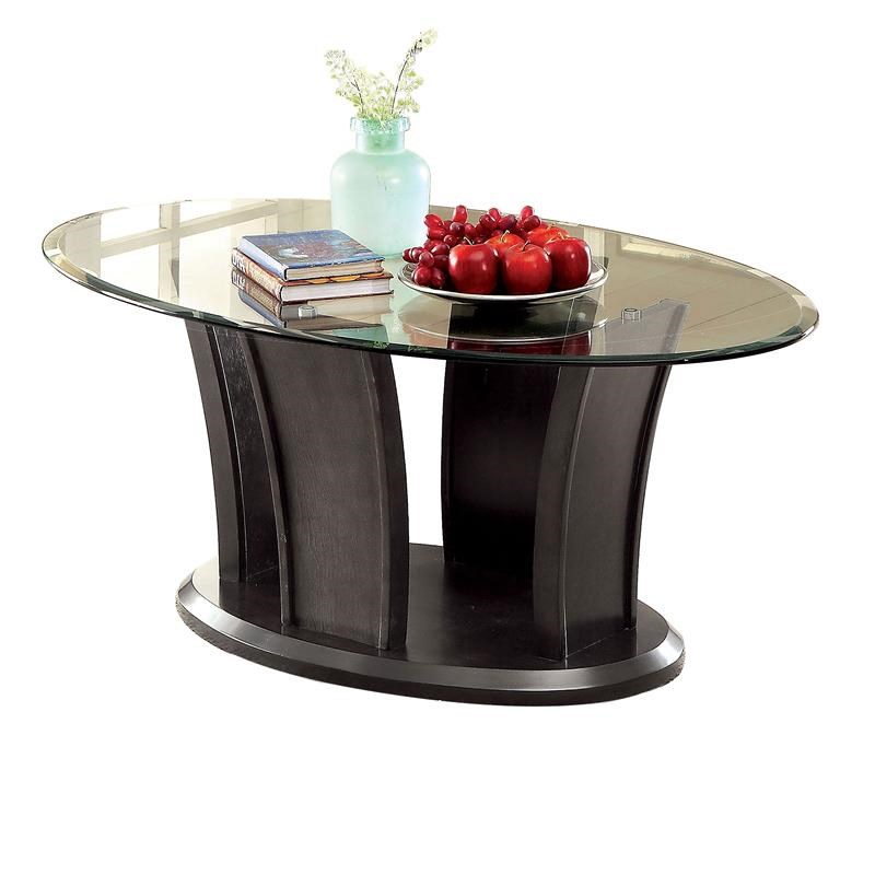 Modern Coffee Table with Oval Glass Top and Flared Base in Gray and Clear