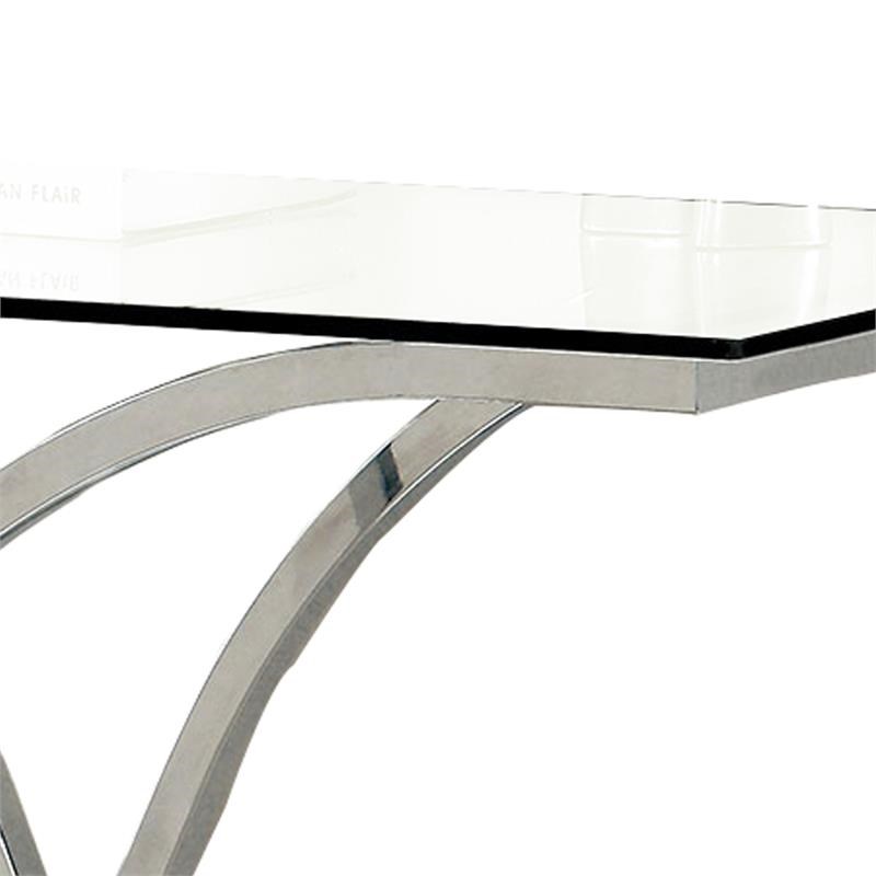 Modern Sofa Table with Glass Top and Curved Chrome Legs in Silver and Clear