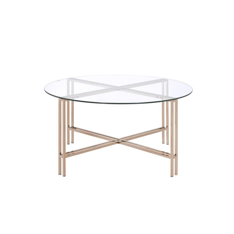 Coffee Table with X Shaped Metal Base and Round Glass Top in Gold