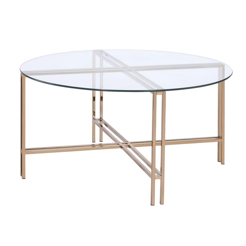 Coffee Table with X Shaped Metal Base and Round Glass Top in Gold