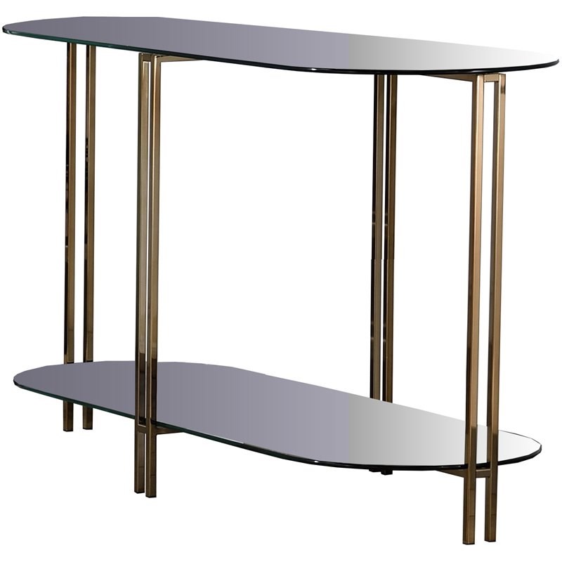 Metal Sofa Table with Glass Top and Open Bottom Glass Shelf in Gold and Clear
