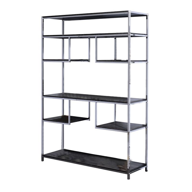 Etagere Bookshelf with 7 Shelves and Geometric Pattern inSilver and Dark Gray