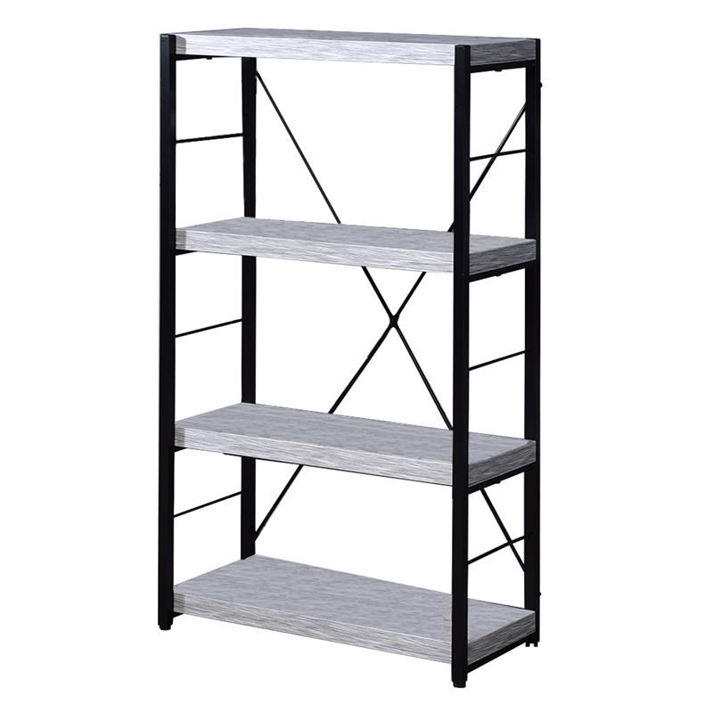Industrial Wood Bookshelf with 4 Shelves and Open Metal Frame in White and Black