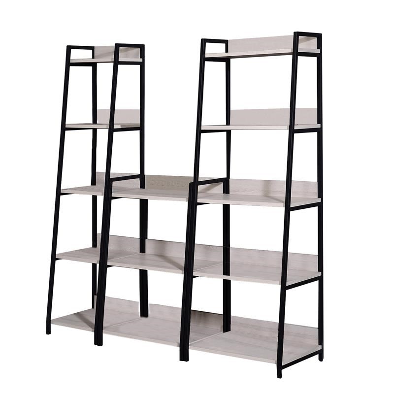 Wooden Bookshelf with 5 Open Compartments in Washed White and Black Frame