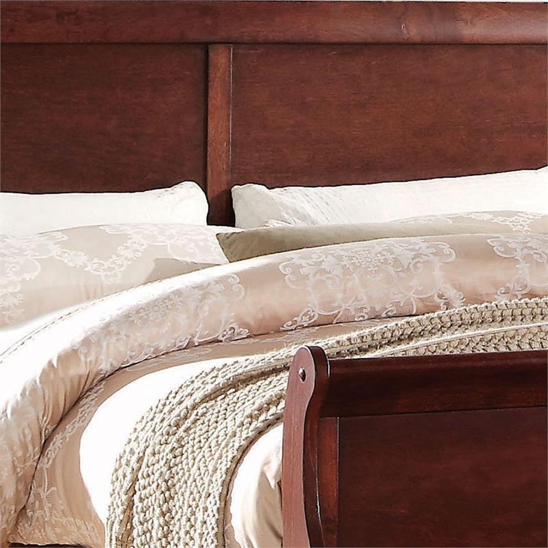 Transitional Panel Design Sleigh Eastern King Size Bed in Cherry Brown