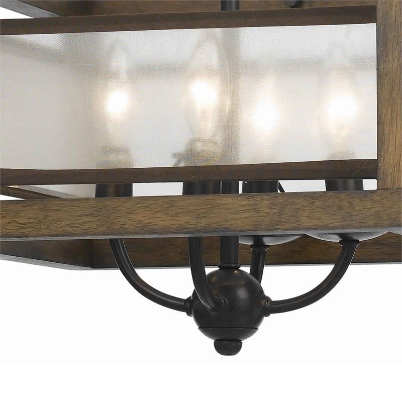 4 Bulb Semi Flush Pendant with Wooden Frame and Organza Striped Shade inBrown