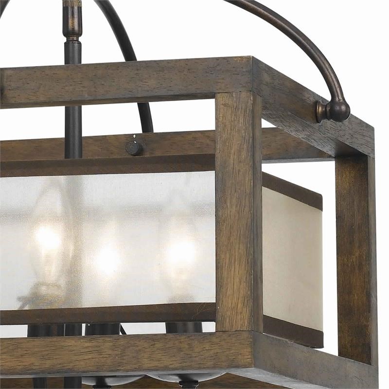 4 Bulb Semi Flush Pendant with Wooden Frame and Organza Striped Shade inBrown
