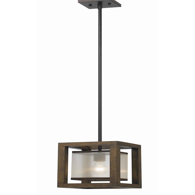 60 Watt Mini Pendant with Wooden Frame and Organza Striped Shade in Brown