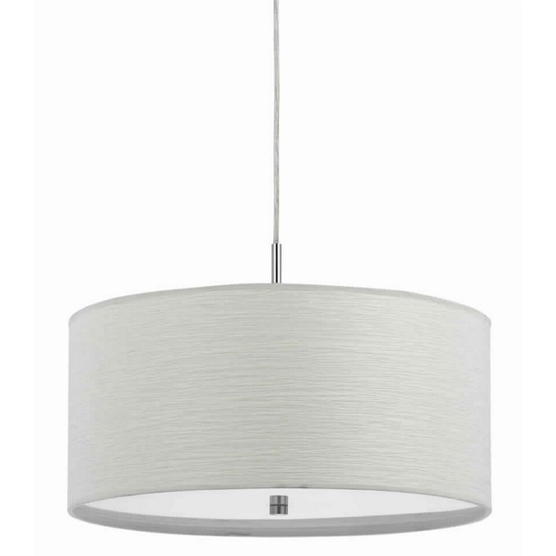 Drum Style Pendant Fixture with Fabric Shade and Brushed Details in White