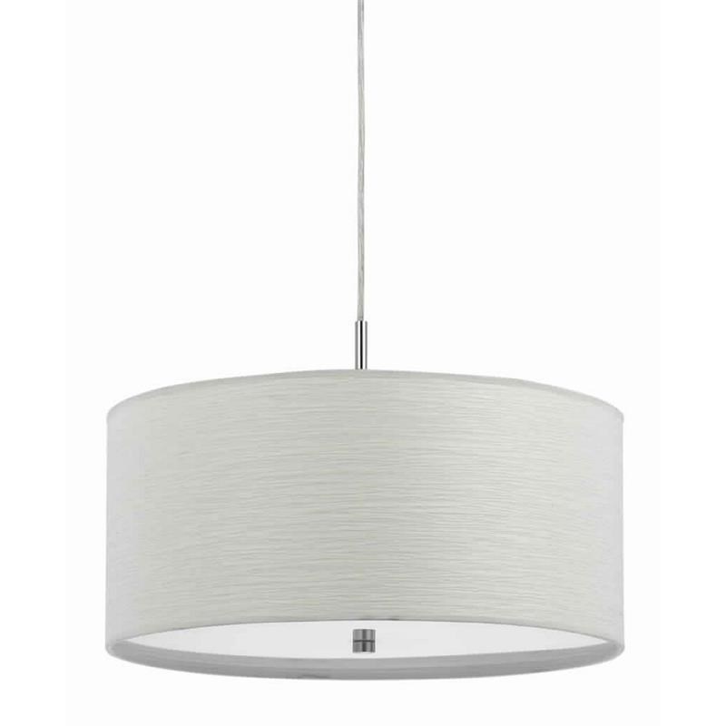 Drum Style Pendant Fixture with Fabric Shade and Brushed Details in White