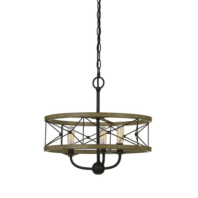 3 Bulb Hanging Pendant Fixture with Wooden and Metal Frame in Brown and Black