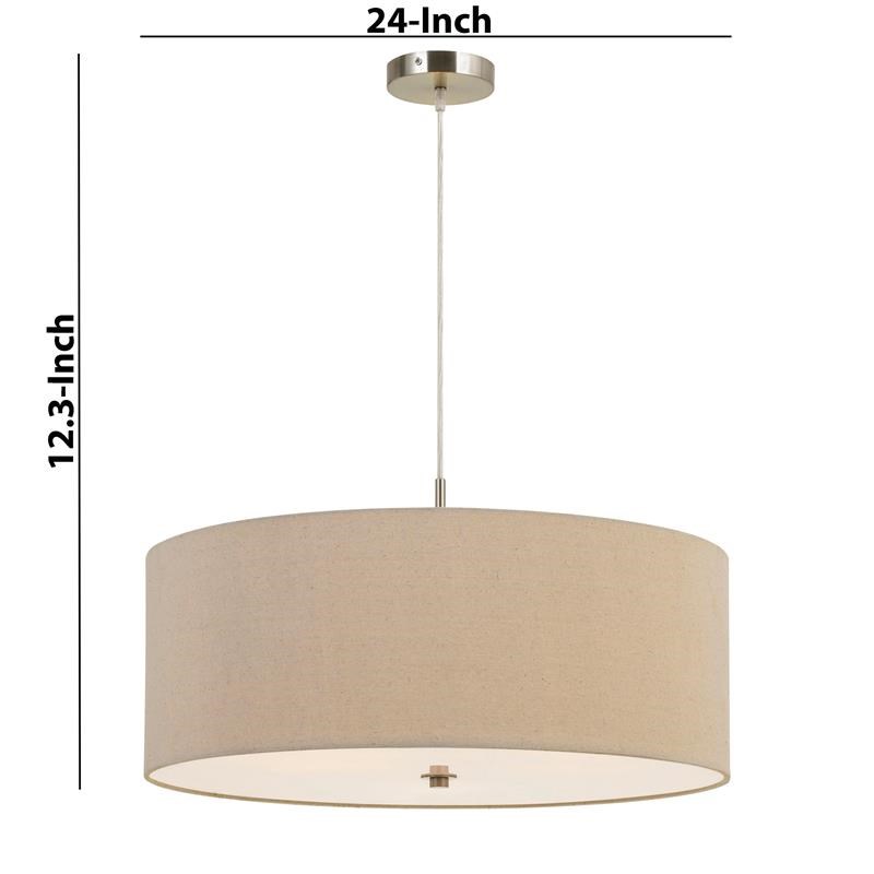 60W x 3 Drum Shade Pendant Fixture in Beige and Silver