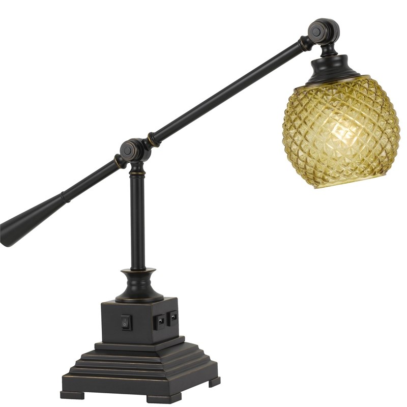 Glass Shade Metal Desk Lamp with 2 USB Outlets in Dark Bronze and Gold