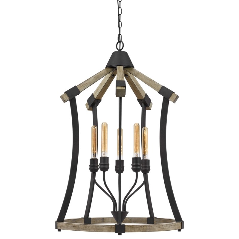 5 Bulb Pendant Fixture with Wooden and Metal Frame in Brown and Black