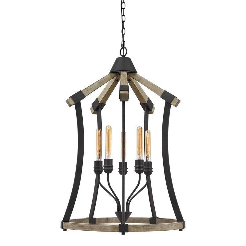5 Bulb Pendant Fixture with Wooden and Metal Frame in Brown and Black