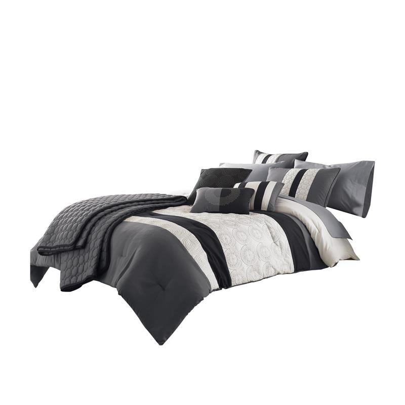 7 Piece King Size Cotton Comforter Set with Geometric Print in Gray and Black