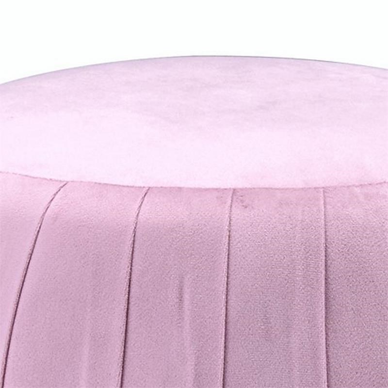 Fabric Upholstered Round Pleated Ottoman with Metal Base in Pink and Gold