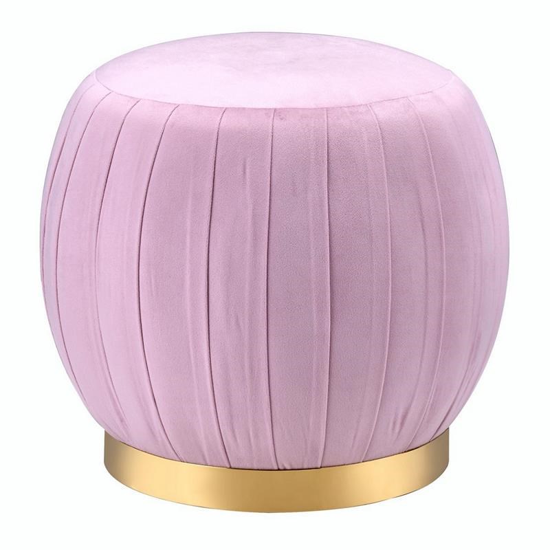 Fabric Upholstered Round Pleated Ottoman with Metal Base in Pink and Gold