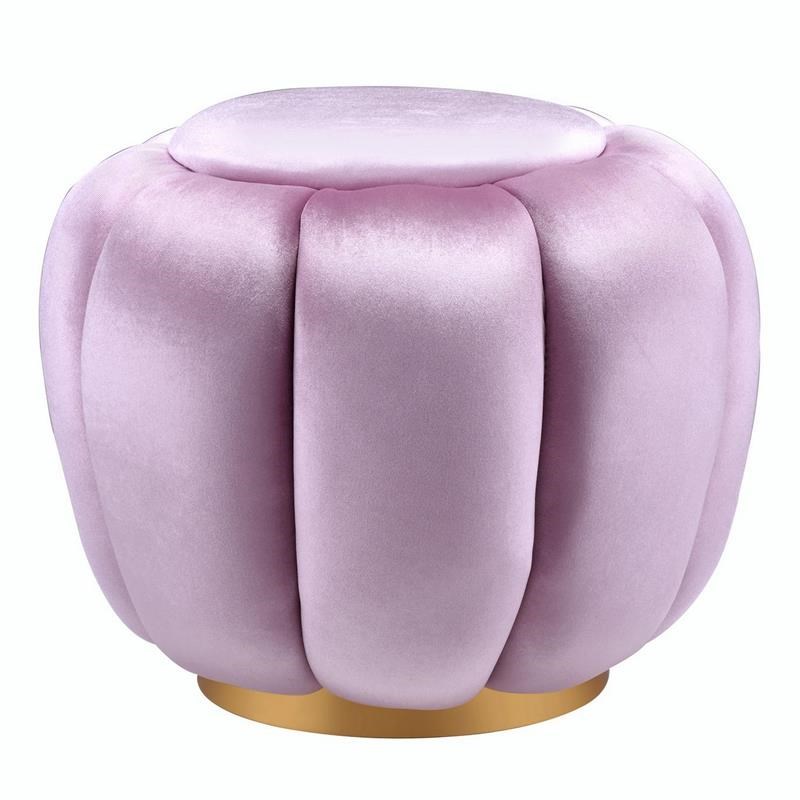 Fabric Channel Tufted Round Ottoman with Metal Base in Pink and Gold