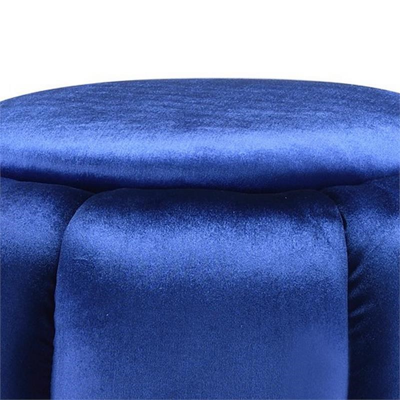 Fabric Channel Tufted Round Ottoman with Metal Base in Blue and Gold