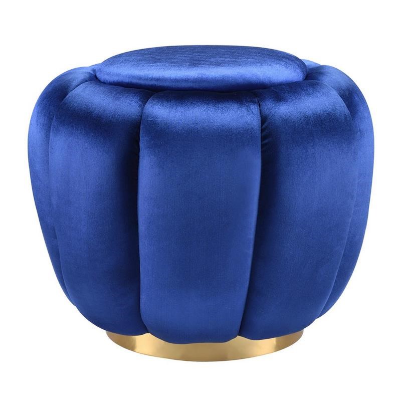Fabric Channel Tufted Round Ottoman with Metal Base in Blue and Gold