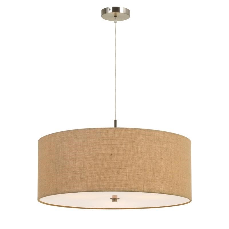 3 Bulb Drum Shaped Fabric Pendant Fixture with Diffuser in Beige